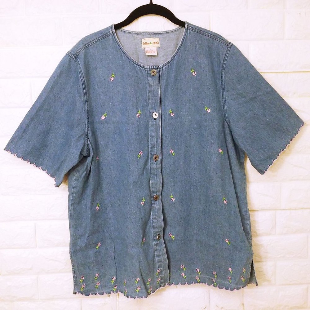 Vintage 80s Toffee Apple Denim Shirt -L Embroidered Daisies Button-Up Vents SS
